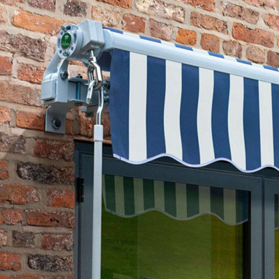 Primrose Awnings 2.5m x 2.0m Retractable Manual Blue & White Awning Outdoor Patio Canopy