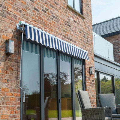 Primrose Awnings 2.5m x 2.0m Retractable Manual Blue & White Awning Outdoor Patio Canopy - 5