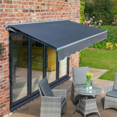 Primrose Awnings 2.5m x 2.0m Retractable Manual Half Cassette Charcoal Frame Charcoal Awning Outdoor Patio Canopy