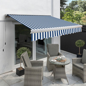 Primrose Awnings 3.0m x 2.5m Retractable Manual Full Cassette Blue & White Awning Outdoor Patio Canopy
