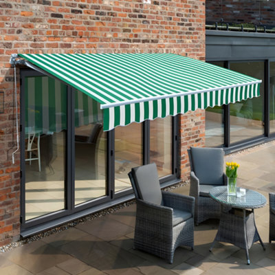 Primrose Awnings 3.0m x 2.5m Retractable Manual Green & White Awning Outdoor Patio Canopy