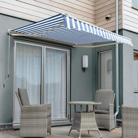 Primrose Awnings 3.0m x 2.5m Retractable Manual Half Cassette Blue & White Awning Outdoor Patio Canopy