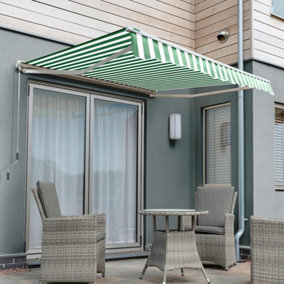 Primrose Awnings 3.0m x 2.5m Retractable Manual Half Cassette Green & White Awning Outdoor Patio Canopy