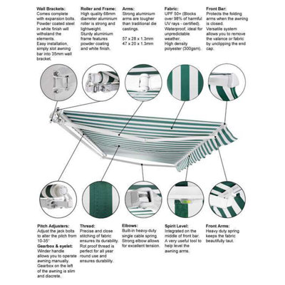 Primrose Awnings 3.5m x 2.5m Retractable Manual Green & White Awning Outdoor Patio Canopy