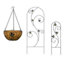 Primrose Bee-Conscious Hanging Basket Black with Coco Liner and Trellis Set With Metal Frame