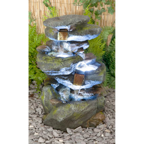 Primrose Bekko Falls Stone Effect 3-Tier Cascading Outdoor Garden Patio Water Feature with LED Lights H55cm