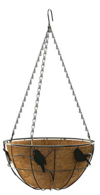 Primrose Black Perching Birds Chain Hanging Basket with Coco Liner 36cm