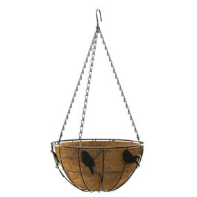 Primrose Black Perching Birds Chain Hanging Basket with Coco Liner 36cm