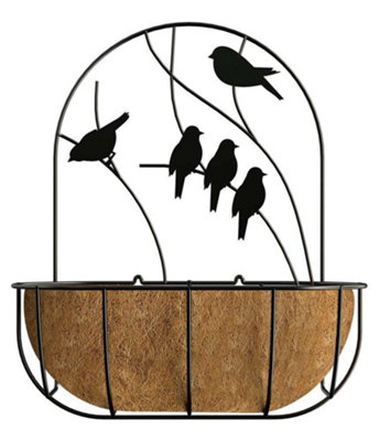 Primrose Black Perching Birds Wall Planter with Bracket and Coco Liner Twin Pack 41cm