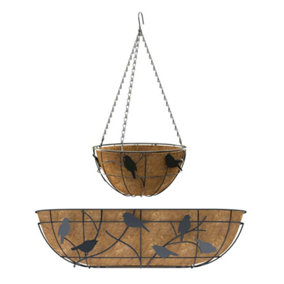 Primrose Black Perching Birds Window Box and 36cm Hanging Basket Set 76cm