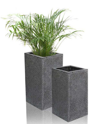 Primrose Black Poly Terrazzo Stone Tall Cube Outdoor Planter Set of 2  H60cm & H79cm