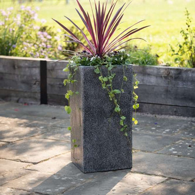 Primrose Black Poly Terrazzo Stone Tall Cube Outdoor Planter Set of 2  H60cm & H79cm
