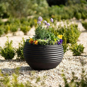 Primrose Black Round Flower Planter Pot Bowl Fibrestone Weather Resistant Plastic 54cm