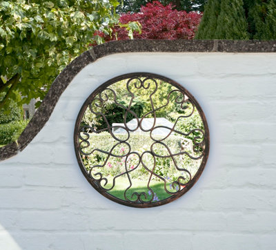 Primrose Blossoming Deep Bronze Metal Outdoor Garden Framed Round Mirror