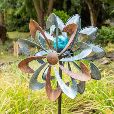 Primrose Bluebird Wind Spinner with Solar Powered Crackle Globe & LED Lights Pinwheel Whirlygig Ornament Decoration 45cm