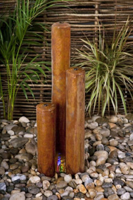 Primrose Corten Steel Rust Effect 3 Tiered Tubes Outdoor Garden Water Feature with LED Lights 137cm