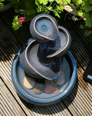 Primrose Cosmos Blue Three-Tier Oil Jar Solar Powered Ceramic Indoor Outdoor  Water Feature H25cm