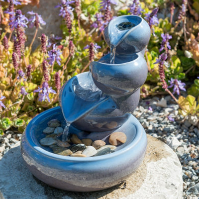 Primrose Cosmos Blue Three-Tier Oil Jar Solar Powered Ceramic Indoor Outdoor Water Feature H25cm