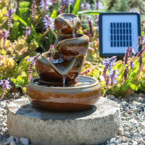 Primrose Cosmos Solar Powered Oil Jar Ceramic Water Feature in Brown 25cm