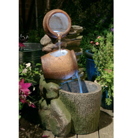 Primrose Cottage Honey Pots and Barrel Tiered Garden Water Feature with LED Lights H68cm