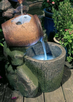 Primrose Cottage Honey Pots and Barrel Tiered Garden Water Feature with LED Lights H68cm