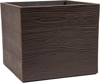 Primrose Cube Square Flower Pot Mahogany Outdoor Wood-Effect Resin Planter 36cm