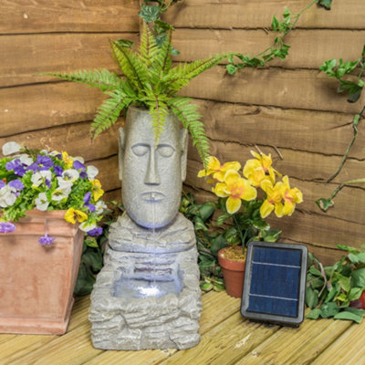 Primrose Easter Island Head Solar Water Feature & Planter with Lights 50cm