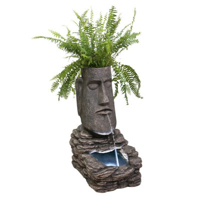 Primrose Easter Island Solar Head Water Feature & Planter with Lights 73cm