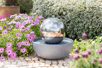 Primrose Eclipse Sliver Sphere Stainless Steel Water Feature with LED Lights Indoor and Outdoor Use H45cm