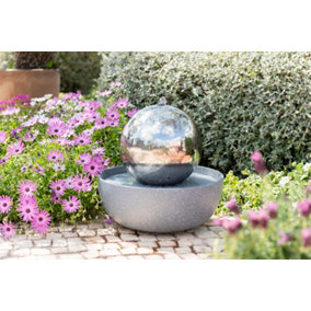 Primrose Eclipse Sliver Sphere Stainless Steel Water Feature with LED Lights Indoor and Outdoor Use H45cm