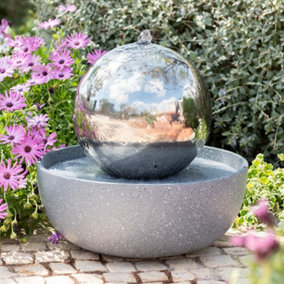 Primrose Eclipse Sliver Sphere Stainless Steel Water Feature with LED Lights Indoor and Outdoor Use H45cm