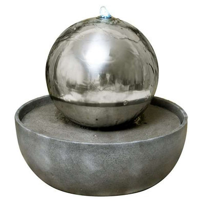 Primrose Eclipse Sliver Sphere Stainless Steel Water Feature with LED Lights Indoor and Outdoor Use H45cm