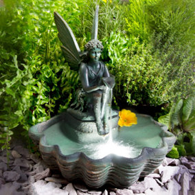 Primrose Fairy on Clam Shell Programmable Solar Powered Garden Water Feature Fountain with LED Lights H30cm