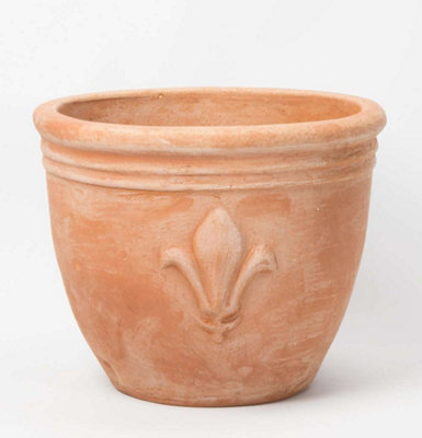 Primrose Garden Terracotta Red Round Outdoor Pot Planter With Fleur De Lis 47cm