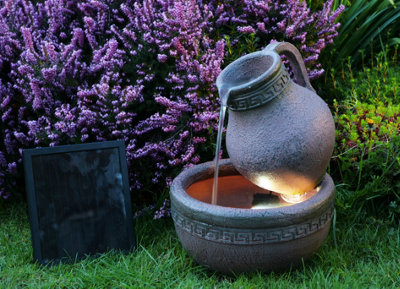 Primrose Greek Pouring Jug and Bowl Solar Powered Water Feature with Warm White LED Lights 40cm