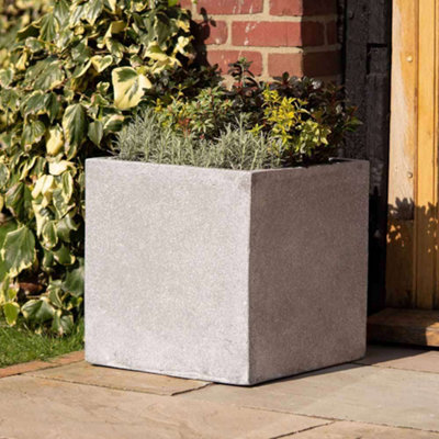 Primrose Grey Cube Handmade Fiberstone Indoor Outdoor Planter 40cm