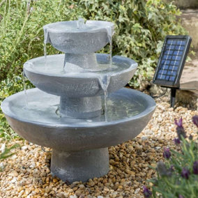 Primrose Hatfield Solar Powered 3 Tier Cascading Grey Outdoor Stone Effect Water Feature 42cm