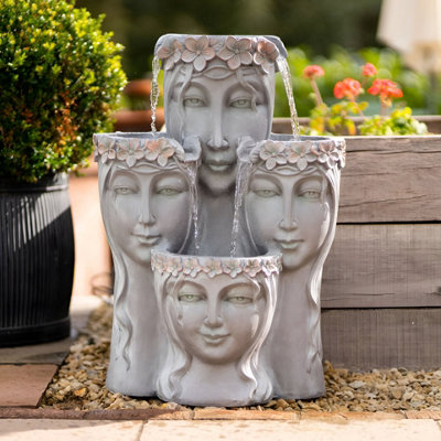 Primrose Hebe Grey Tiered Cascading Garden Outdoor Water Feature with LED Lights H81cm