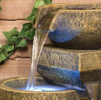Primrose Kendall Stone Effect 3-Tier Cascading Garden Fountain Water Feature with LED Lights H48cm