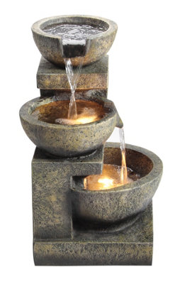 Primrose Kendall Stone Effect 3-Tier Cascading Garden Fountain Water Feature with Lights H62cm