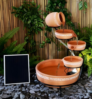 Primrose Ladonas Inlaid Terracotta Solar Powered Cascade Water Feature with Battery Backup and LED Lights 55cm