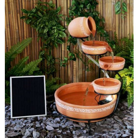Primrose Ladonas Inlaid Terracotta Solar Powered Cascade Water Feature with Battery Backup and LED Lights 55cm