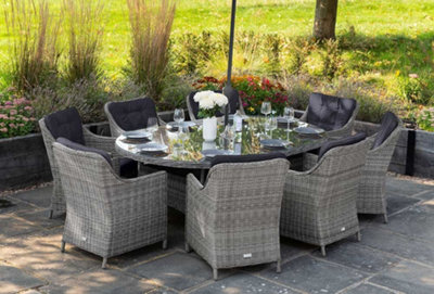 Primrose Living 8 Seater Outdoor Patio Rattan Oval Dining Set in Grey Parasol DIY at B Q