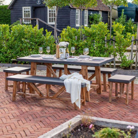 Primrose Living Acacia Wood 6 Seater Dining Set Garden Furniture 2 Benches and 2 Stools Rustic Cement Topped
