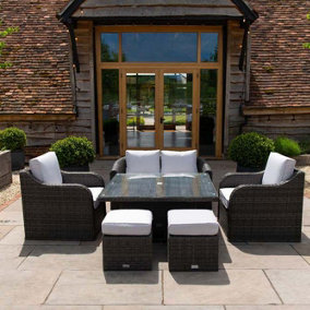 Primrose Living Classic Rattan 6 Seater Garden Furniture Sofa Set with Square Rising Table and Parasol in Stone