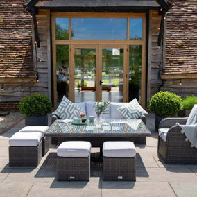 Primrose Living Classic Rattan 8 Seater Garden Furniture Sofa Set with Rectangular Rising Table and Parasol in Stone