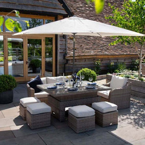 Primrose Living Classic Rattan 8 Seater Garden Furniture Sofa Set with Rectangular Rising Table and Parasol