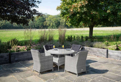 Primrose Living Luxury Rattan 4 Seater Circular Garden Furniture Dining Set in Pebble