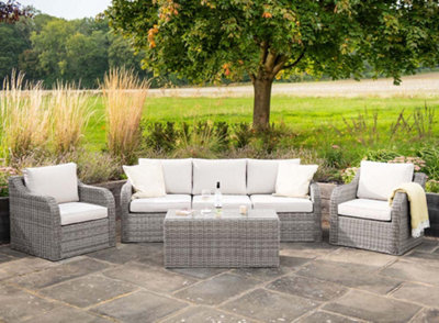 Primrose Living Luxury Rattan 5 Seater Modular Garden Furniture Sofa Set with Coffee Table in Stone