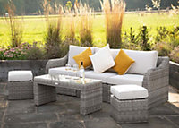 Primrose Living Luxury Rattan 5 Seater Modular Garden Furniture Sofa Set with Open Coffee Table and Footstools in Stone